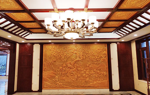 江南中式别墅客厅中式木作横梁吊顶装饰展示