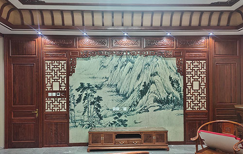 江南中式仿古别墅客厅背景墙花格木作装饰